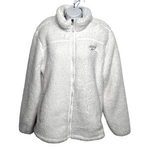 Women Reebok Size XL  Double Sided Fleece Hooded Jacket Coat White Zipper Pocket